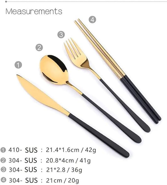 4-Piece Portable Travel Cutlery Set with Case – Stainless Steel Knife, Fork, Spoon, and Chopsticks – Reusable Outdoor Camping & Office Lunchware Kit