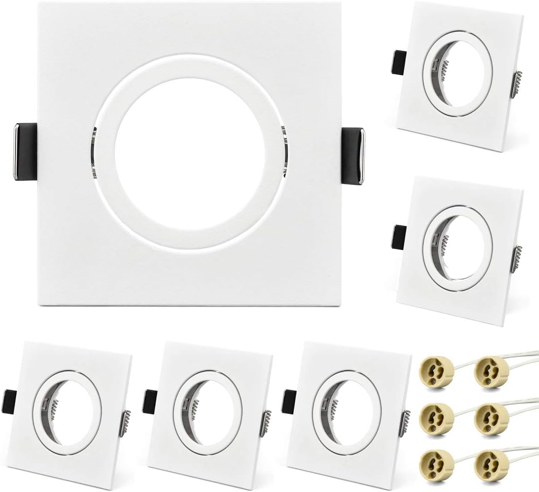Recessed Spotlight Mounting Frame – 68mm Hole, 90mm White Ceiling Fixture with Swivelling GU10 Socket (Set of 6)