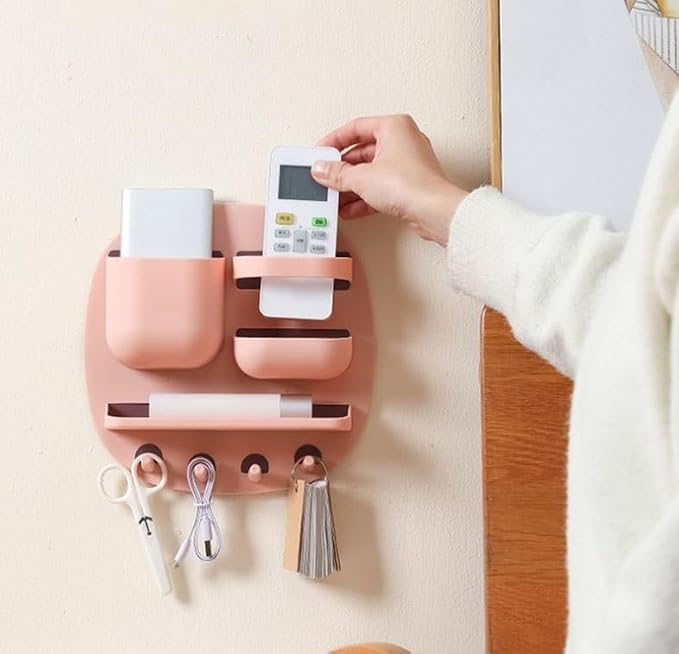 Wall Mounted Phone & Remote Control Holder – Multifunctional Storage Organizer Shelf with Hooks for Bathroom, Bedroom & Office