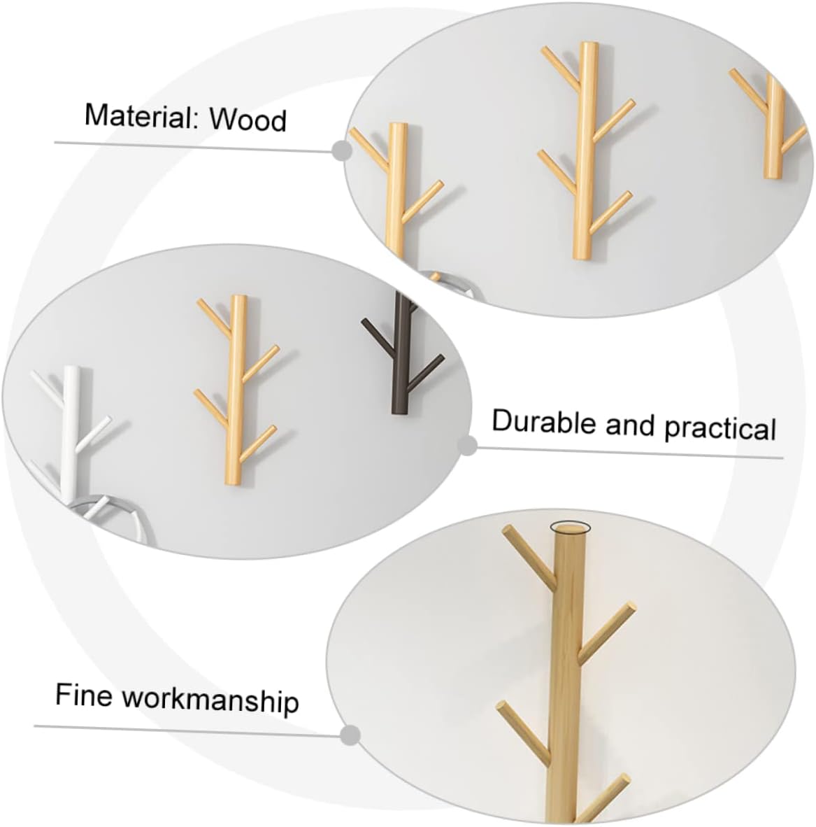 Hanging Coat Mounted Hooks Pine Wood Space-Saving Non-Slip Decorative Hook Rack for Home
