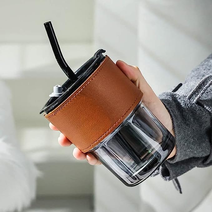 400ml Glass Coffee Mug with Lid & Straw – Stylish Glass Sipper with Leather Sleeve for Coffee, Tea, Juice & Gifts (Black, 1 Pc)