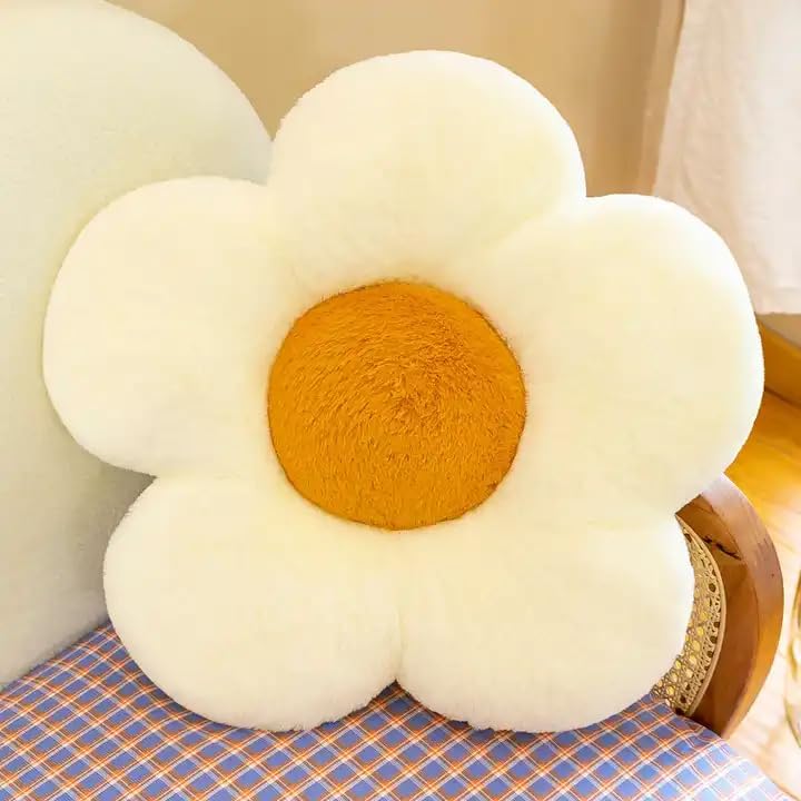 Coussin de chaise circulaire Fleur (35 cm) – Oreiller de sol doux en peluche – Coussin d'assise épais pour l'hiver pour bureau, salle de classe et chambre (Blanc/Marron)