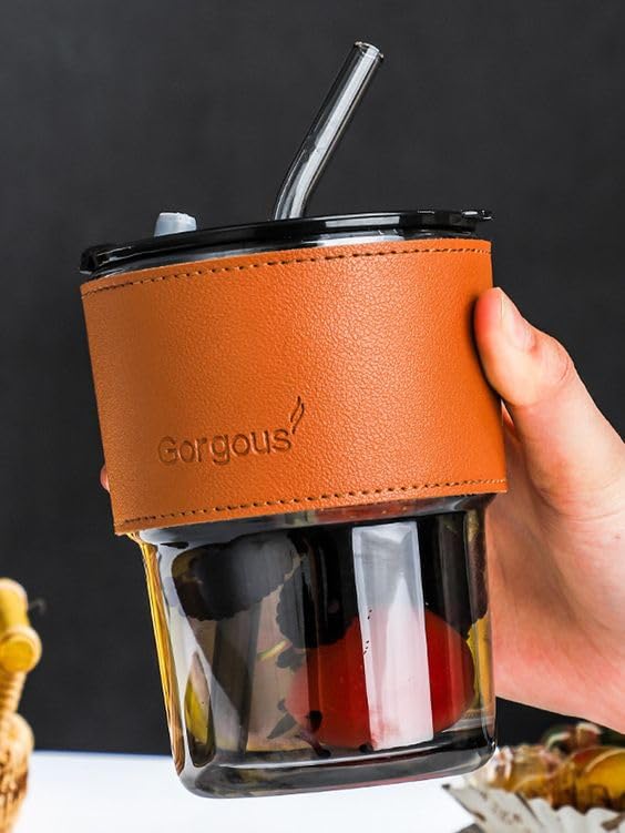 400ml Glass Coffee Mug with Lid & Straw – Stylish Glass Sipper with Leather Sleeve for Coffee, Tea, Juice & Gifts (Black, 1 Pc)