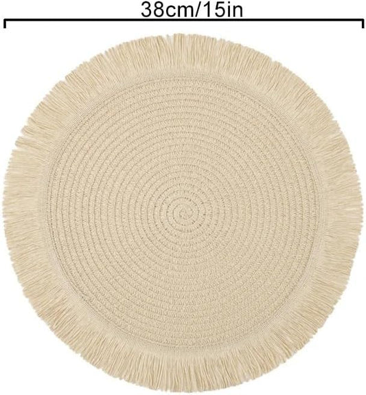 (38 CM) Round Braided Fringe Placemats – Hand-Woven Non-Slip Table Mats & Heat-Insulated Tea Cup Pads for Dining Table Decor