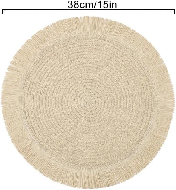 (38 CM) Round Braided Fringe Placemats – Hand-Woven Non-Slip Table Mats & Heat-Insulated Tea Cup Pads for Dining Table Decor