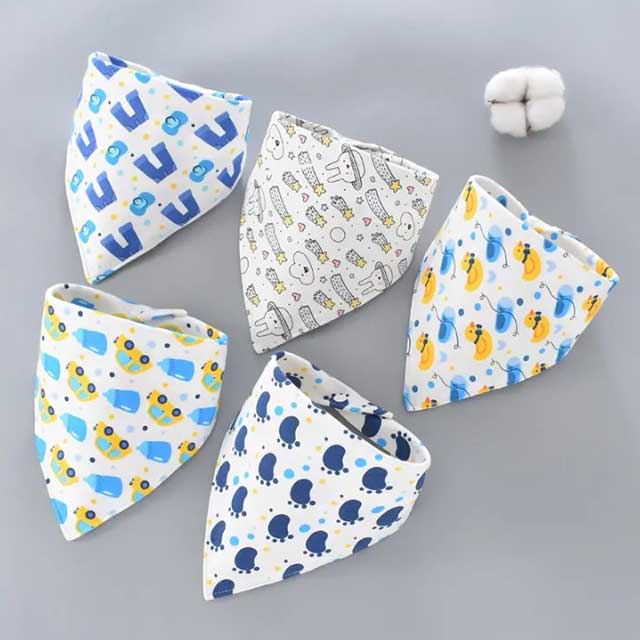 5Pcs Baby Bibs Set – Soft Cotton Cartoon Print Bandana Bibs for Newborns, Boys & Girls | Unisex Feeding & Drool Towels