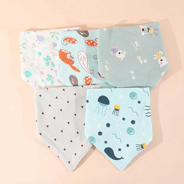 5Pcs Baby Bibs Set – Soft Cotton Cartoon Print Bandana Bibs for Newborns, Boys & Girls | Unisex Feeding & Drool Towels