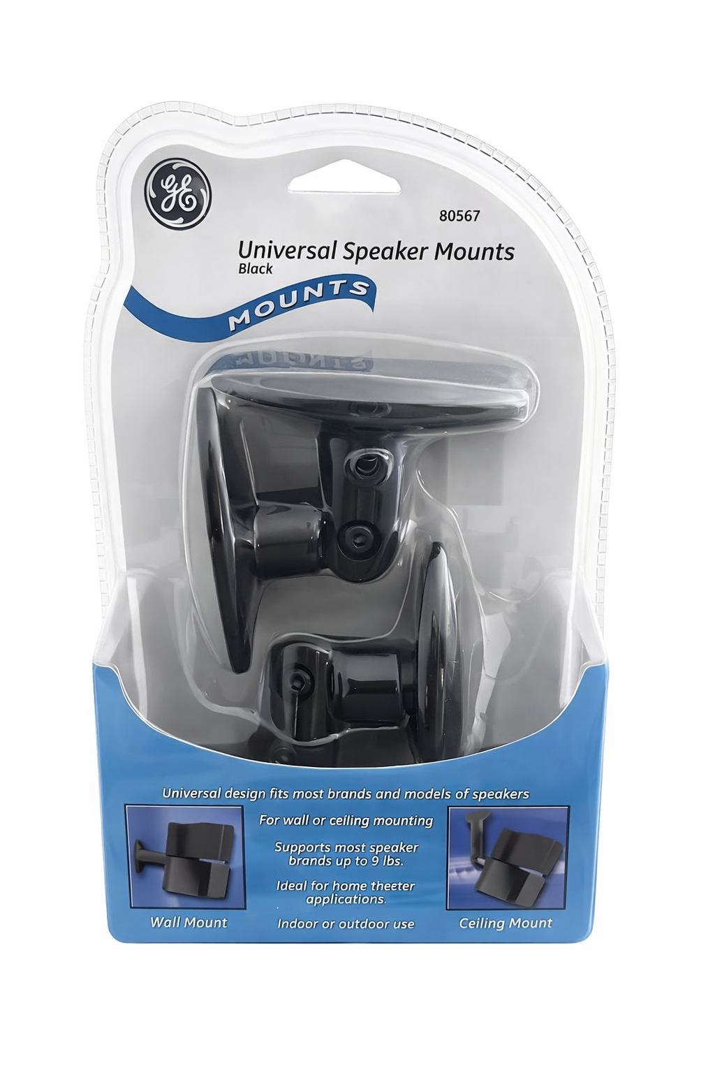 GE Universal Speaker Mount Brackets – حوامل مكبرات صوت شاملة قابلة للتعديل للتركيب على الحائط/السقف، سعة 9 أرطال، لون أسود، للاستخدام الداخلي والخارجي