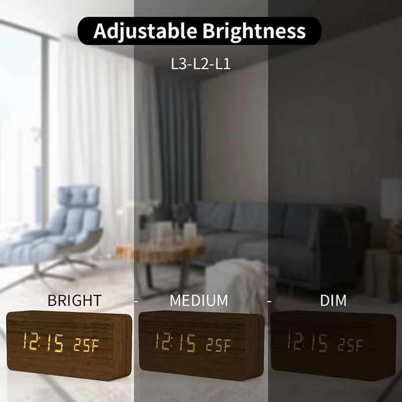Réveil numérique en bois avec affichage LED – Horloge de bureau avec température pour le bureau et la table de chevet