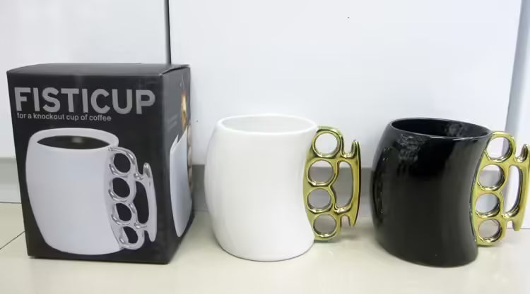 Ceramic Porcelain Coffee Mug with Brass Knuckles Creative Fist Cup, Novelty Gift Idea