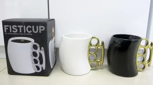 Ceramic Porcelain Coffee Mug with Brass Knuckles Creative Fist Cup, Novelty Gift Idea