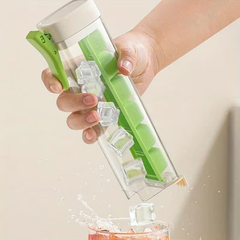 6-Grid One-Press Ice Cube Tray – Food-Grade Silicone & PP Mini Ice Maker with Easy Release Button – Compact BPA-Free Small Refrigerator Mold for Cocktails, Coffee, and Drinks (Orange & Green)