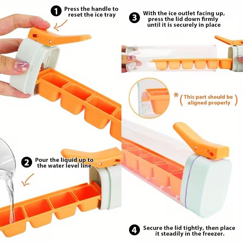6-Grid One-Press Ice Cube Tray – Food-Grade Silicone & PP Mini Ice Maker with Easy Release Button – Compact BPA-Free Small Refrigerator Mold for Cocktails, Coffee, and Drinks (Orange & Green)