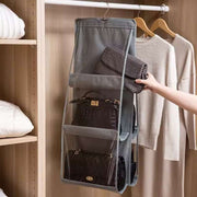 Organisateur de sacs à main suspendu à 6 poches – Rangement vertical double face pour placards – Sac de rangement gris imperméable avec fenêtres transparentes – Pochette de rangement peu encombrante à suspendre aux portes et aux murs avec cintre