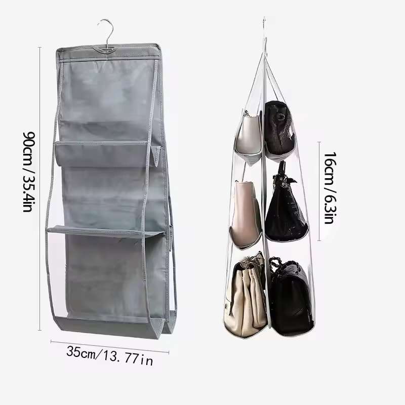 Organisateur de sacs à main suspendu à 6 poches – Rangement vertical double face pour placards – Sac de rangement gris imperméable avec fenêtres transparentes – Pochette de rangement peu encombrante à suspendre aux portes et aux murs avec cintre