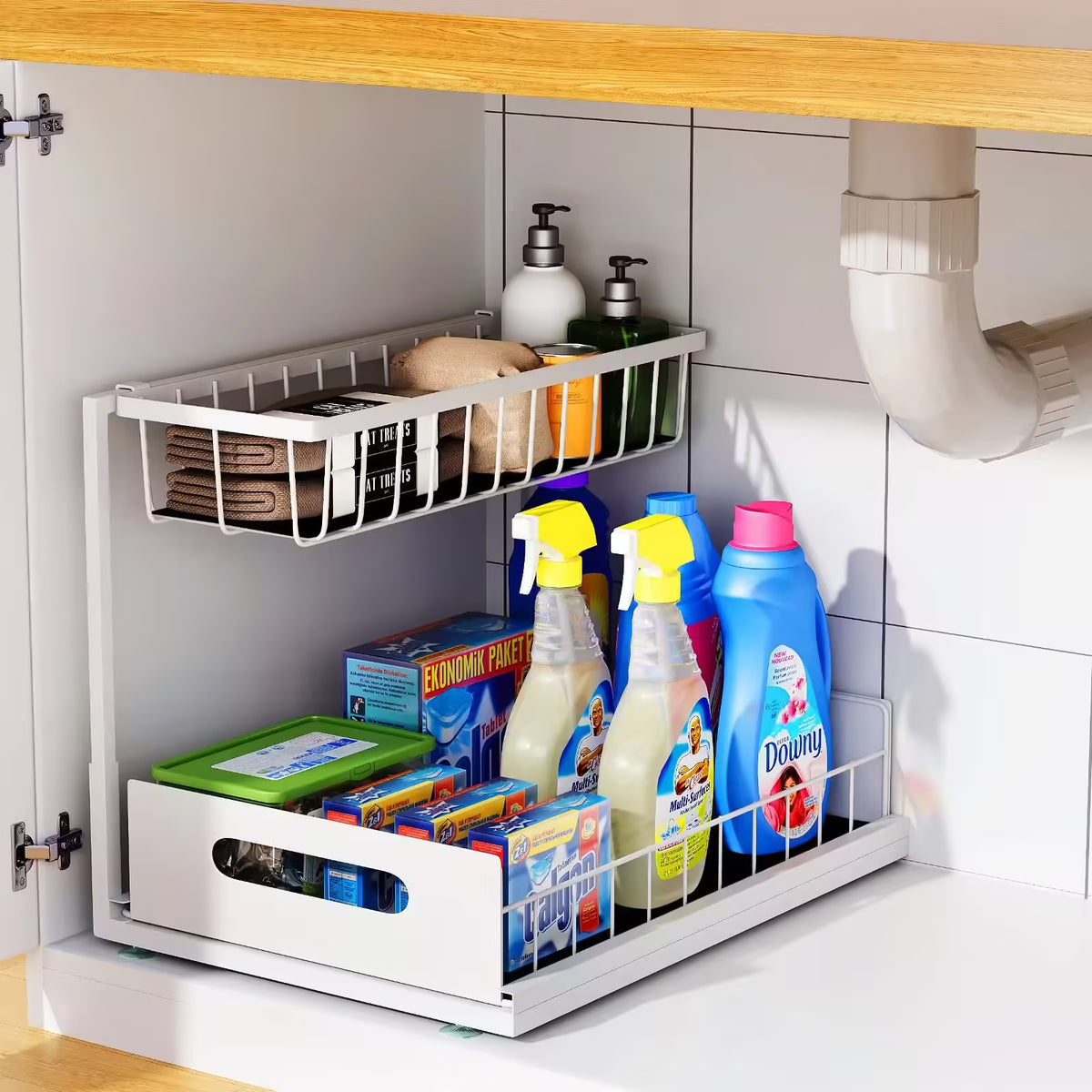 Organisateur de placard sous évier à 2 niveaux coulissant – Panier coulissant multifonctionnel pour le rangement de la salle de bain et de la cuisine