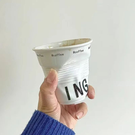 200ml Korean Style White Ceramic "Wrinkle" Mug – 200ml Nordic Design Coffee Tumbler – Aesthetic English Lettering Cup for Espresso, Latte, and Home Decor