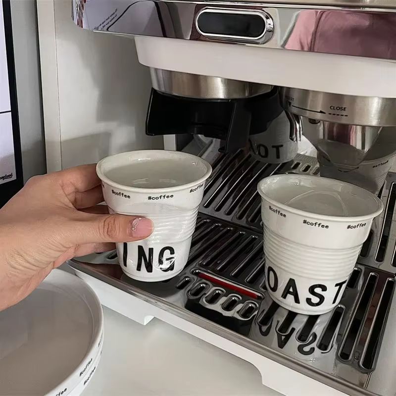 200ml Korean Style White Ceramic "Wrinkle" Mug – 200ml Nordic Design Coffee Tumbler – Aesthetic English Lettering Cup for Espresso, Latte, and Home Decor