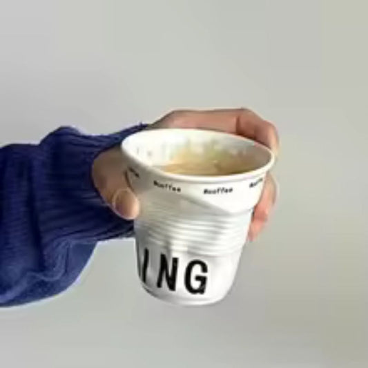 200ml Korean Style White Ceramic "Wrinkle" Mug – 200ml Nordic Design Coffee Tumbler – Aesthetic English Lettering Cup for Espresso, Latte, and Home Decor