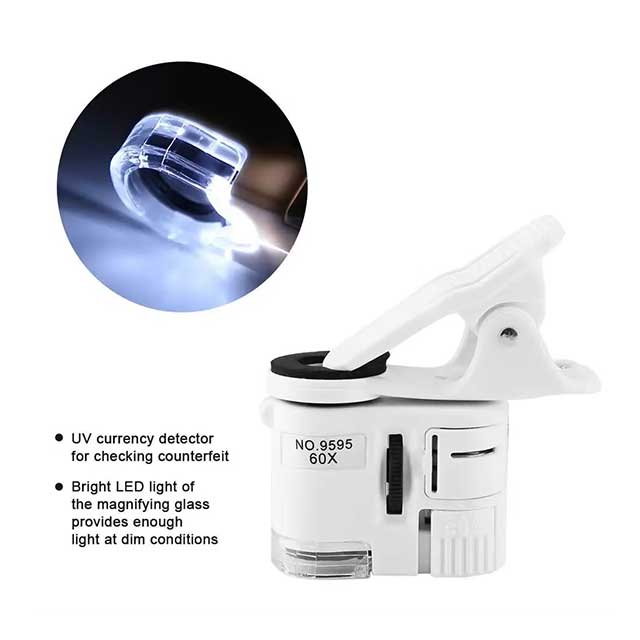 60X Zoom Clip-On Microscope Lens – LED & UV Light Magnifying Glass for Universal Mobile Phones