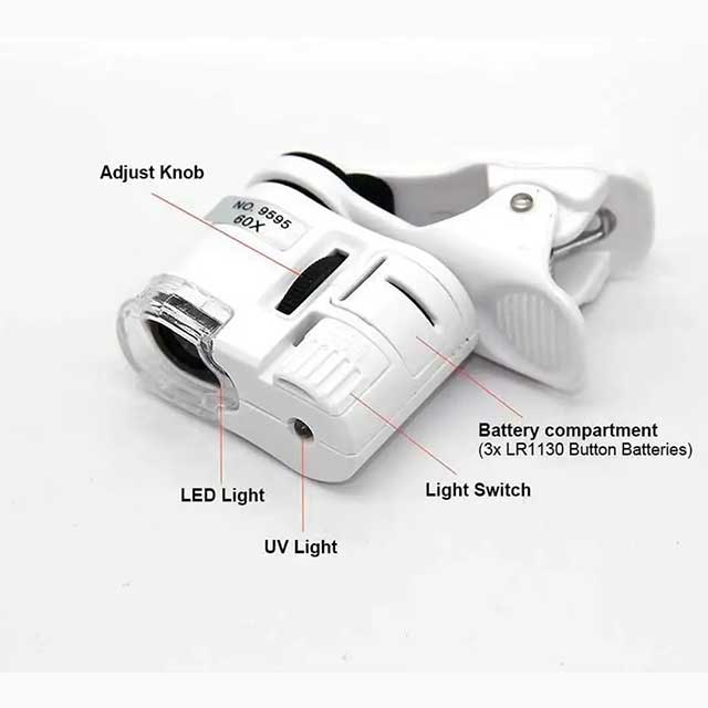 60X Zoom Clip-On Microscope Lens – LED & UV Light Magnifying Glass for Universal Mobile Phones