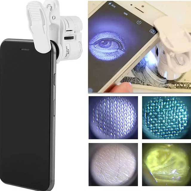 60X Zoom Clip-On Microscope Lens – LED & UV Light Magnifying Glass for Universal Mobile Phones