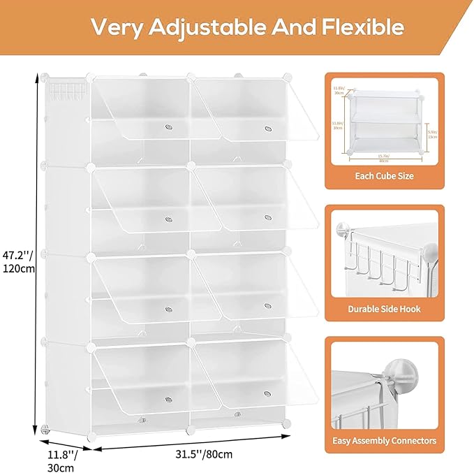 YIHATA 2 x 8-Tier Shoe Rack for Up to 32 Pairs – Dustproof White Shoe Storage Cabinet for Hallway, Bedroom & Entryway