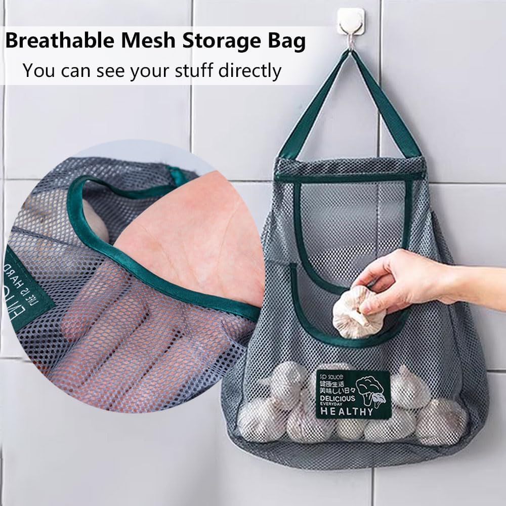 Reusable Mesh Hanging Storage Bags - Breathable Kitchen Net Bag for Fruit and Vegetables - Wall-Mounted Organizer for Garlic, Onions, Ginger, and Potatoes