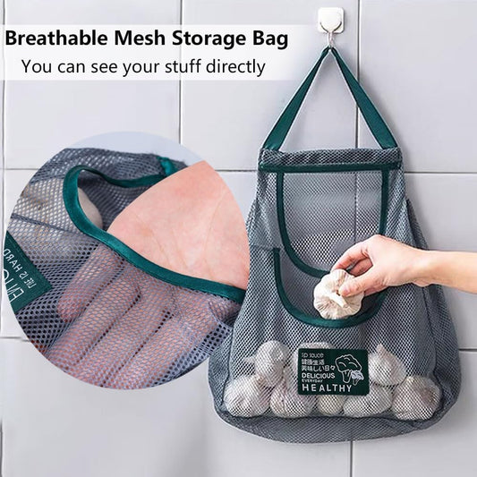 Reusable Mesh Hanging Storage Bags - Breathable Kitchen Net Bag for Fruit and Vegetables - Wall-Mounted Organizer for Garlic, Onions, Ginger, and Potatoes
