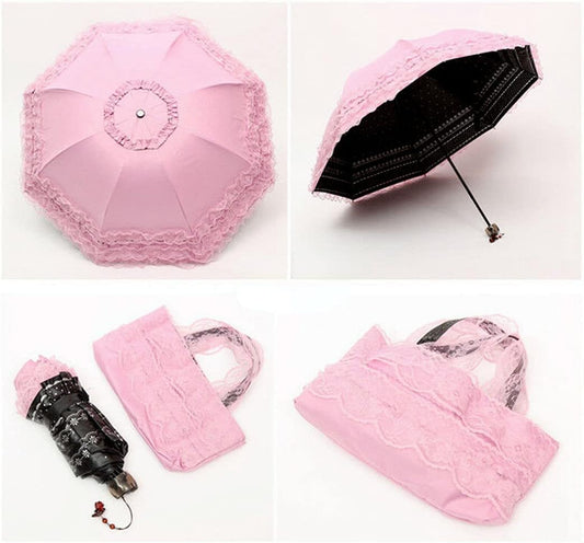 Ladies Elegant Lace Folding Umbrella – Vintage Floral Embroidery Sun Umbrella – Small & Portable UV-Protection Parasol – Lightweight Compact Travel Umbrella for Girls & Women (Pink / Black / Fruity Green)