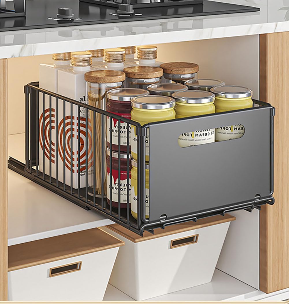 Pull-Out Kitchen Cabinet Storage Rack | Sliding Home Seasoning & Pantry Organizer | Deep Cabinet Internal Basket for Kitchen & Bathroom