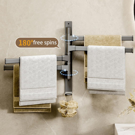 Rotatable Space Aluminum Towel Rack – 180° Swivel Towel Holder – Wall-Mounted Multi-Bar Hanger for Bathroom & Kitchen (2/3/4/5 Layers)