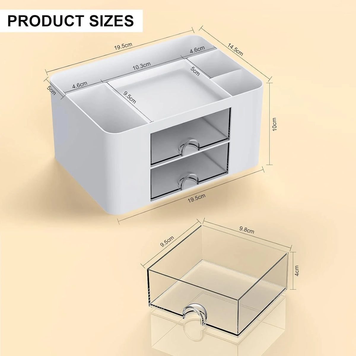 Multifunctional Desk Organizer with Drawers – Plastic Office & Makeup Storage Organizer with Pen Holder, 5 Compartments & 2 Drawers