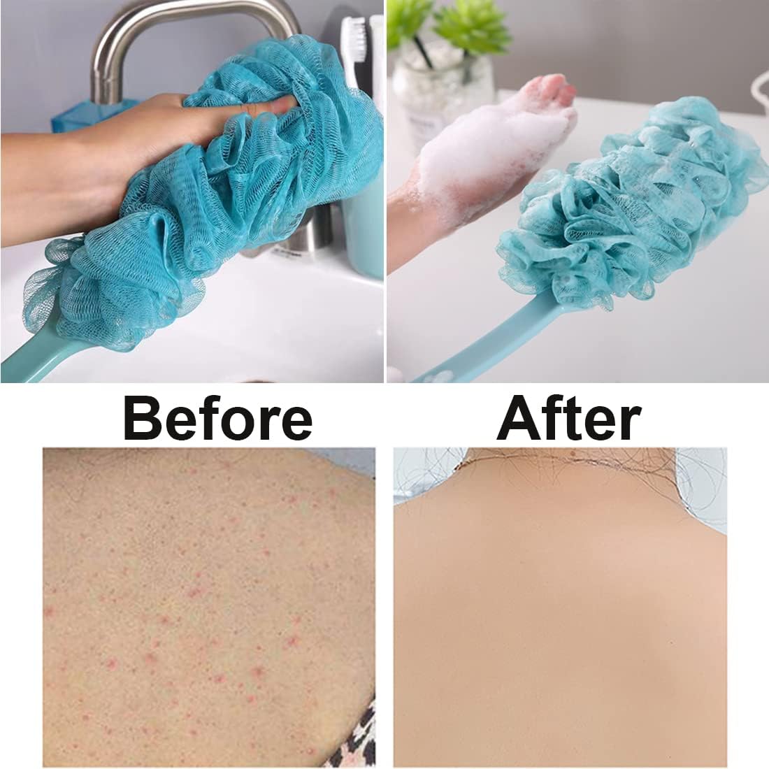 Long-Handle Mesh Back Scrubber – Soft Hanging Shower Sponge Brush – Ergonomic Body Scrubber for Adults – Deep Cleaning Bath Accessory (Green/Pink/White)