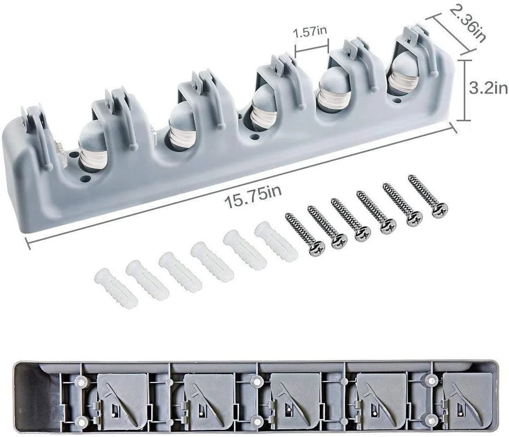 Wall Mounted Mop & Broom Holder – 5 Position Organizer with 6 Hooks, Heavy Duty Tool Storage Rack for Kitchen, Garage, Laundry & Garden