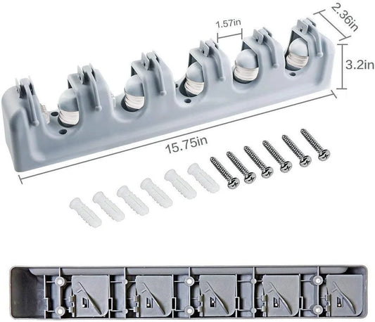 Wall Mounted Mop & Broom Holder – 5 Position Organizer with 6 Hooks, Heavy Duty Tool Storage Rack for Kitchen, Garage, Laundry & Garden