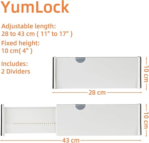 YumLock 4-Pack Adjustable Drawer Dividers – Expandable 37.5–53.5 cm Organizers with Locking Design & EVA Foam Pads