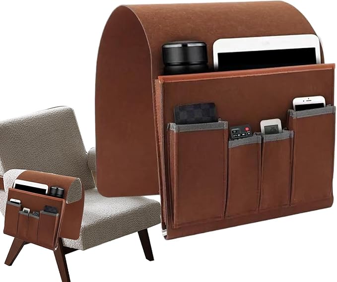 Organiseur d'accoudoir de canapé en feutre – Rangement antidérapant pour télécommandes, tablettes et magazines (marron/gris)