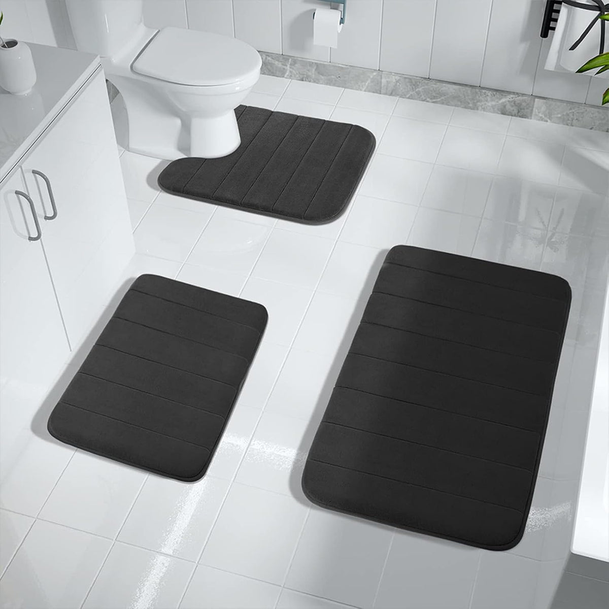 Ensemble de tapis de bain en mousse à mémoire de forme – Tapis de salle de bain antidérapants ultra doux et épais – Tapis en polyester à séchage rapide lavables en machine, comprenant un tapis de toilette en forme de U et un tapis de couloir extra-long