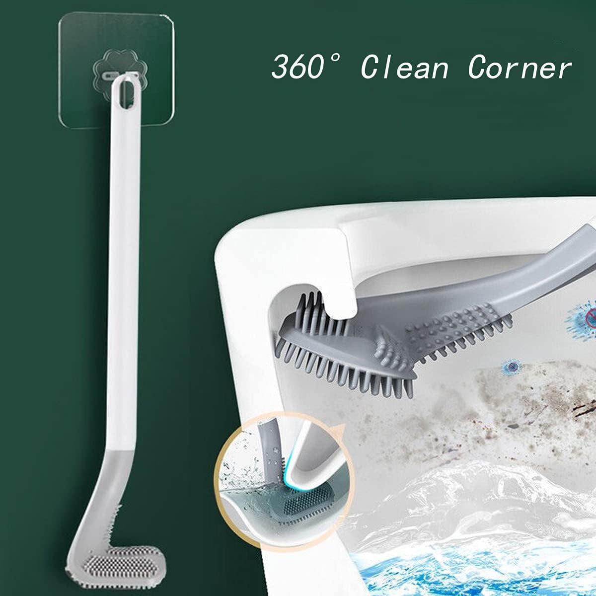 Brosse de toilettes en silicone en forme de tête de golf – Brosse de nettoyage flexible à 360° – Récurage mural à long manche pour toilettes turques, interstices de WC et recoins cachés