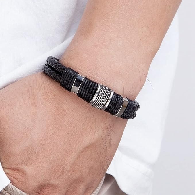 Retro Men's Magnetic Buckle Bracelet PU Alloy Woven Leather Bracelet