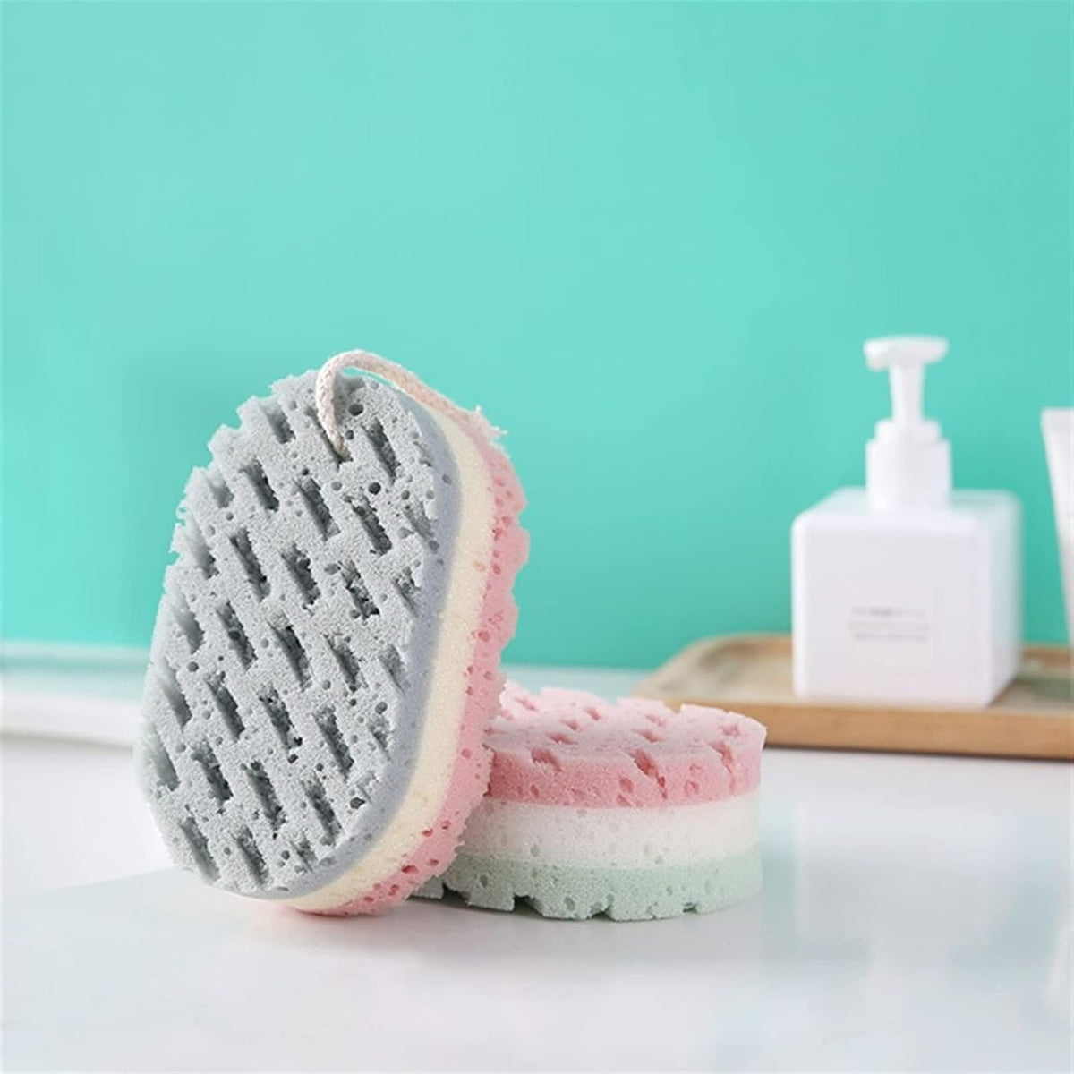 Éponge de bain et fleur de douche – Éponge corporelle à forte absorption d'eau – Maille de douche à séchage rapide pour un nettoyage en profondeur pour hommes et femmes (vert/rose/gris)