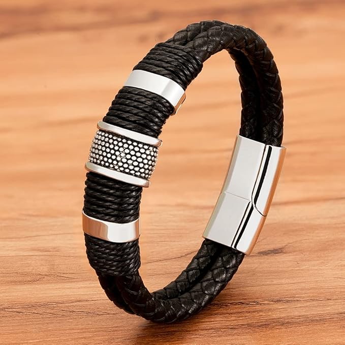 Retro Men's Magnetic Buckle Bracelet PU Alloy Woven Leather Bracelet