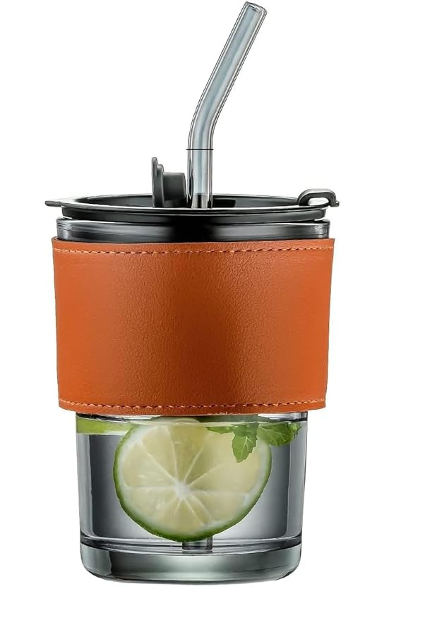 400ml Glass Coffee Mug with Lid & Straw – Stylish Glass Sipper with Leather Sleeve for Coffee, Tea, Juice & Gifts (Black, 1 Pc)