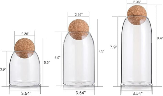 3 Pack Glass Storage Jars with Ball Cork Lids – Airtight Clear Glass Canisters for Coffee, Tea, Sugar, Salt, Spices & Snacks