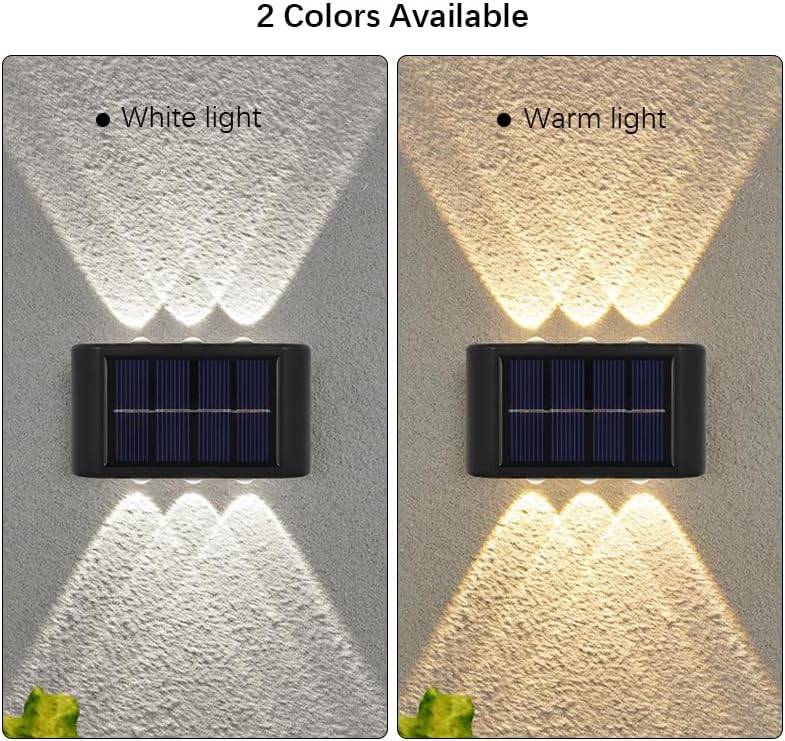 2 PIECES/SET Solar Wall Lights – 6 LED Up and Down Solar-Powered Wall Lamp – IP65 Waterproof Exterior Sconce – Decorative Fence & Porch Light for Patio, Yard, Garage, & Deck (Warm White / 1 PC)