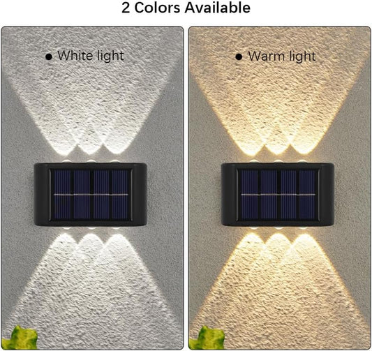 2 PIECES/SET Solar Wall Lights – 6 LED Up and Down Solar-Powered Wall Lamp – IP65 Waterproof Exterior Sconce – Decorative Fence & Porch Light for Patio, Yard, Garage, & Deck (Warm White / 1 PC)