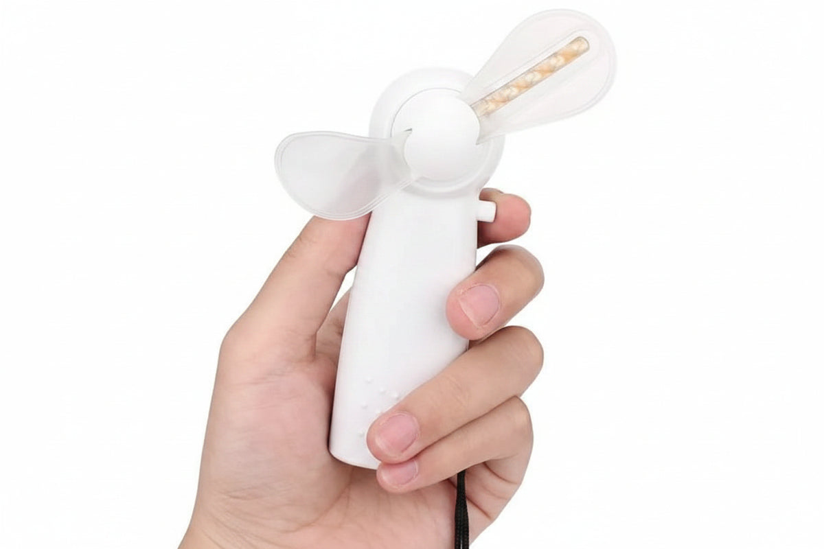 White Portable Mini Handheld Cooling Fan with Colorful LED Lights – Battery Powered Personal Fan with Wrist Strap for Travel, Office & Outdoor Use