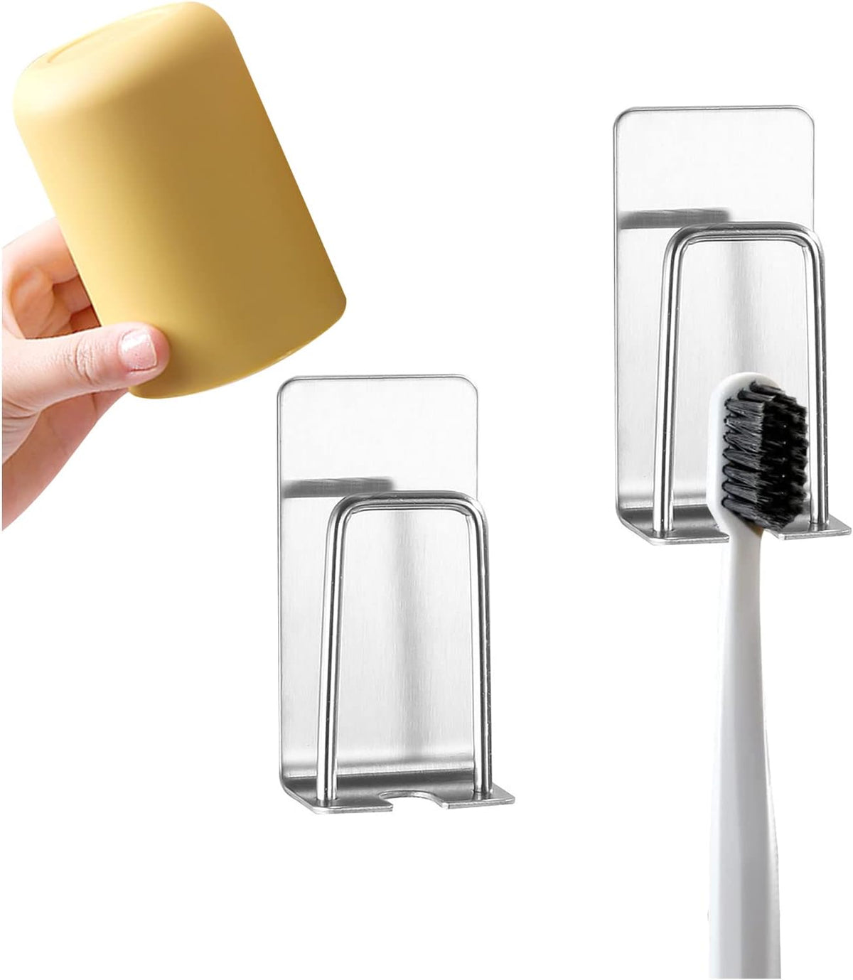Support mural pour brosses à dents et gobelets en acier inoxydable de qualité supérieure – Organisateur de salle de bain mural robuste sans perforation pour brosses à dents électriques et gobelets – Étagère peu encombrante et antirouille (argent/noir)