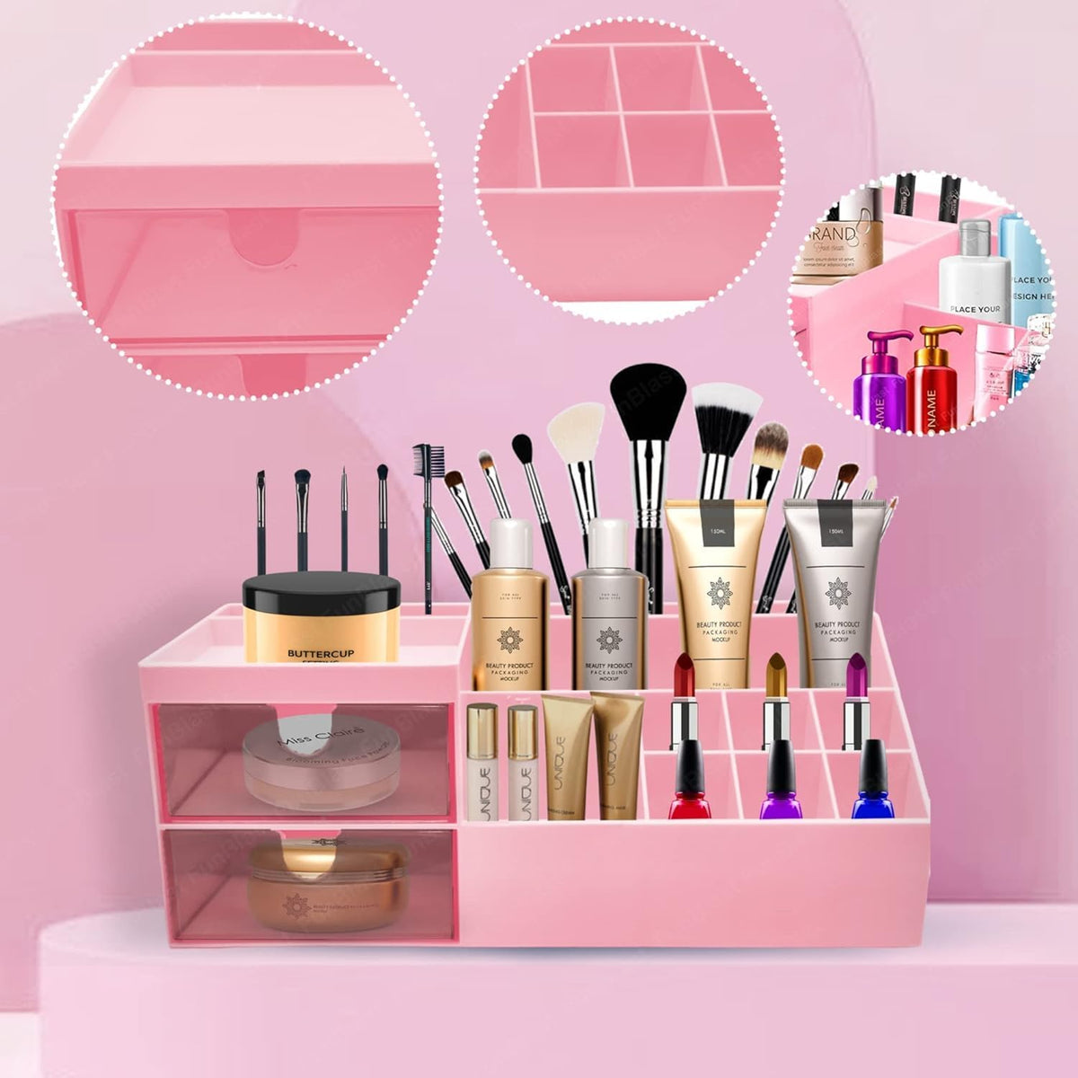 Boîte de rangement en plastique pour maquillage – Organiseur de bureau pour cosmétiques et soins de la peau – Étagère de finition pour papeterie et bijoux pour coiffeuse de dortoir (blanc/rose/bleu)
